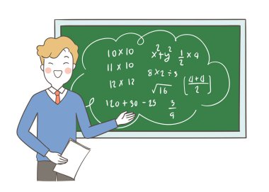teacher showing math formulas on blackboard in doodle cartoon style isolated on white background