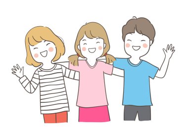 beyaz arka plan, doodle karikatür tarzı, Dostluk kavramı üzerinde izole sarılma çizilmiş öğrenciler