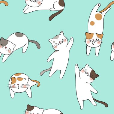 Yeşil pastel arka plan üzerinde çizilmiş sevimli kediler ile Dikişsiz desen