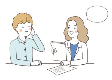 beyaz arka plan üzerinde izole doodle karikatür tarzı baş ağrısı ile çizilmiş doktor danışmanlık işadamı