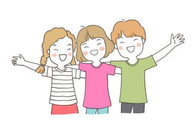 beyaz arka plan, doodle karikatür tarzı, Dostluk kavramı üzerinde izole sarılma çizilmiş öğrenciler
