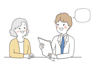 beyaz arka plan üzerinde izole doodle karikatür tarzında çizilmiş doktor danışmanlık yaşlı kadın