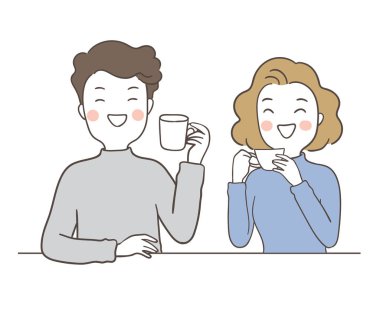 çekilen genç çift çay bardak tutan ve beyaz arka plan, doodle karikatür tarzı izole masada oturan 