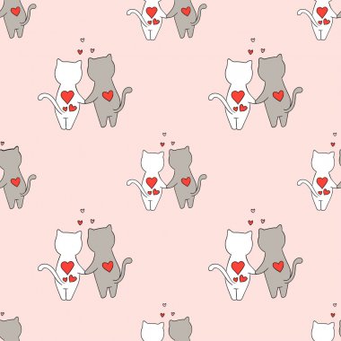Pembe arka plan, romantik kavram üzerinde doodle karikatür tarzı aşık sevimli kedi çizilmiş çiftlerin Dikişsiz desen 