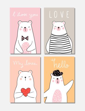 pastel arka plan üzerinde doodle karikatür tarzı çizilmiş sevimli romantik ayılar seti