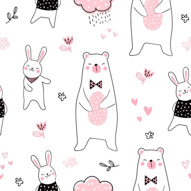 beyaz arka plan üzerinde izole doodle karikatür tarzı çizilmiş sevimli ayılar ve tavşan sorunsuz desen