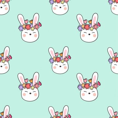 Pastel yeşil arka plan üzerinde doodle karikatür tarzı bahar sezonu için çiçek çelenk çizilmiş sevimli tavşan Dikişsiz desen
