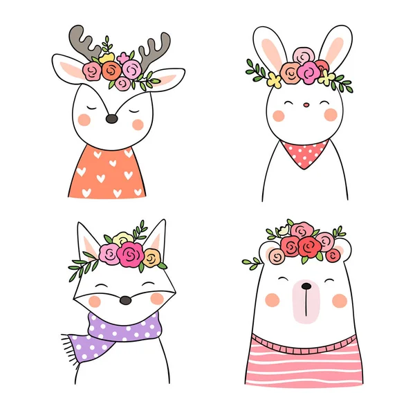 Drawn Cute Animals Floral Wreaths Spring Season Doodle Cartoon Style — Stock Vector