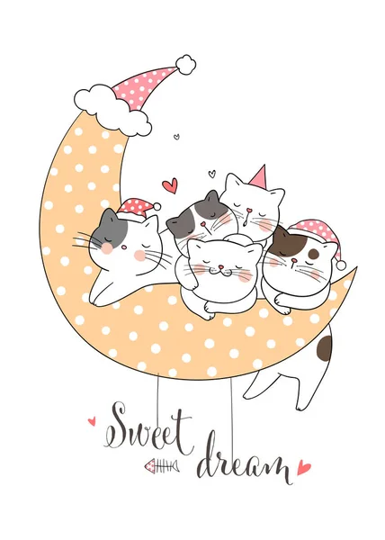 Desenhe Gatos Bonitos Dormindo Lua Com Texto Doce Sonho Isolado —  Vetores de Stock