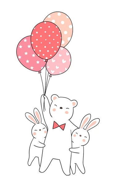 Disegnato Simpatici Conigli Abbracciando Orso Tenendo Palloncino Stile Cartone Animato — Vettoriale Stock