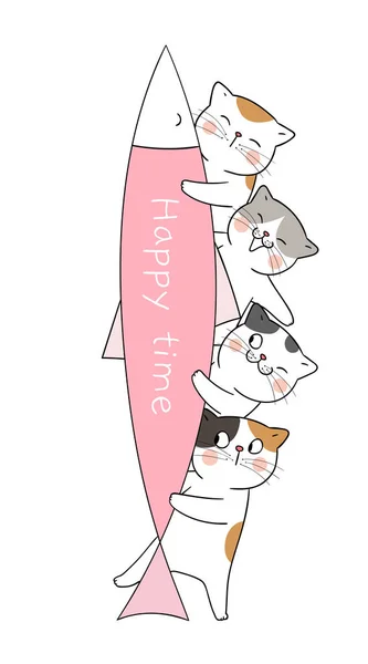 Draw Χαριτωμένες Γάτες Αγκαλιάζοντας Ροζ Παστέλ Μεγάλο Ψάρι Κείμενο Χαρούμενο — Διανυσματικό Αρχείο