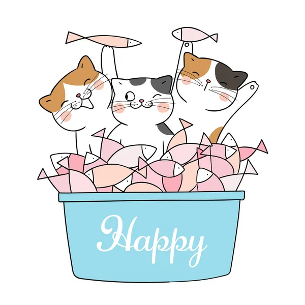 Draw Cute Cats Fish Bowl Text Happy Isolated White Background — Stock Vector