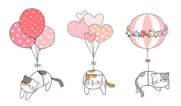 Beyaz Arka Planda Izole Uçan Balonlar Bağlı Sevimli Uyuyan Kediler — Stok Vektör