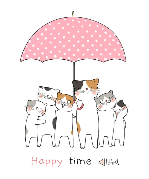 Drawn Cute Cats Pink Umbrella Text Happy Time Isolated White — Stock Vector