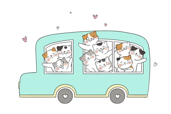 Dibujado Divertido Gatos Verde Pastel Autobús Aislado Blanco Fondo — Vector de stock