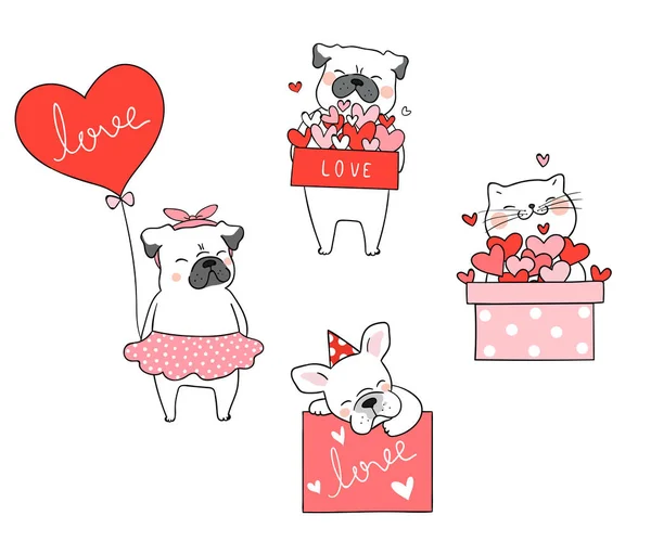 Dibujado Lindos Gatos Perros Con Corazones Rojos Cajas Regalo Aislados — Archivo Imágenes Vectoriales