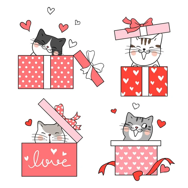 Sammlung Gezeichneter Katzen Geschenkboxen Isoliert Auf Weißem Hintergrund Romantisches Konzept — Stockvektor