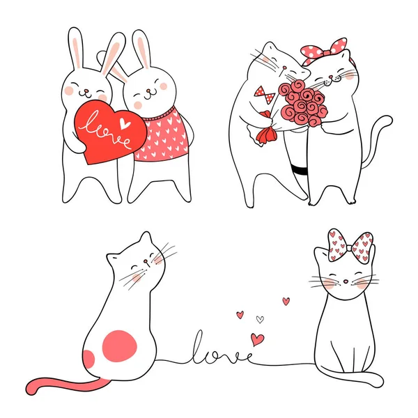 Colección Gatos Dibujados Conejos Enamorados Aislados Sobre Fondo Blanco Concepto — Vector de stock