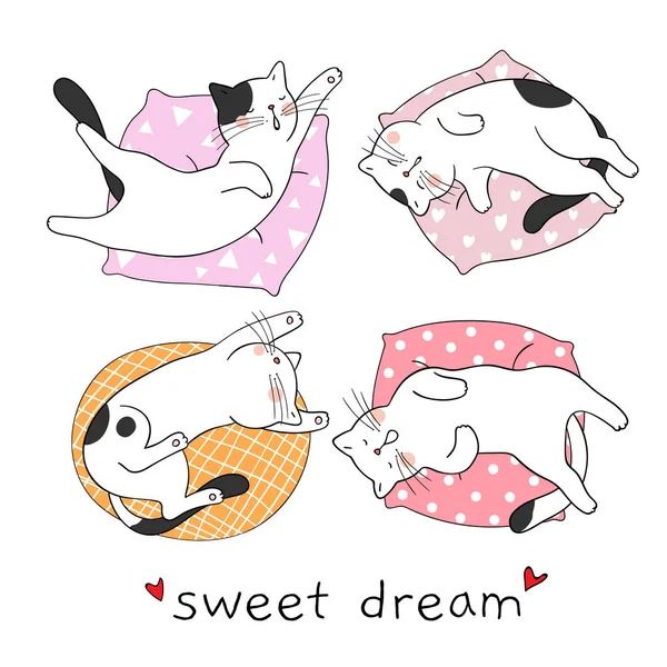 Conjunto Gatos Desenhados Dormindo Travesseiros Texto Doce Sonho Isolado Fundo —  Vetores de Stock