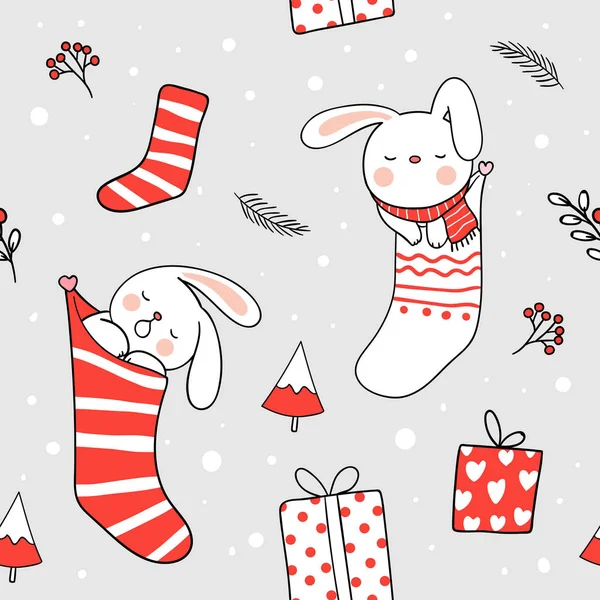 Seamless Pattern Drawn Cute Rabbits Sleeping Christmas Socks Doodle Cartoon — Stock Vector