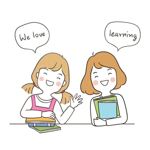 Ζωγραφημένα Κορίτσια Που Κρατούν Βιβλία Και Λένε Ότι Αγαπάμε Μάθηση — Διανυσματικό Αρχείο