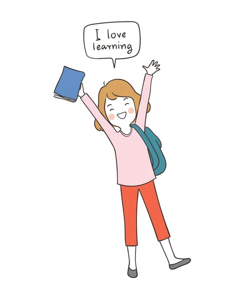 Wyciągnąć Szczęśliwy Dziewczyna Trzyma Książkę Mówiąc Kocham Uczenia Się Doodle — Wektor stockowy