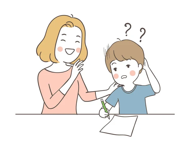 白い背景に孤立した母親と宿題をしている描かれた少年 落書き漫画のスタイル — ストックベクタ
