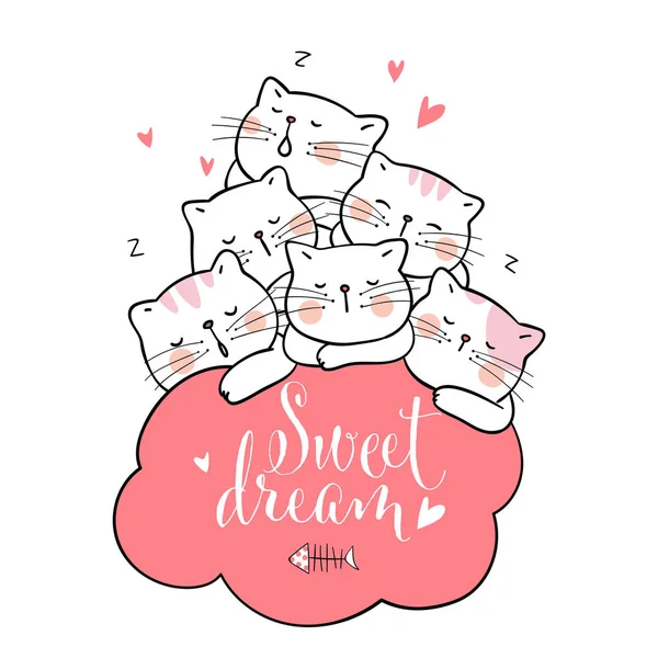 Disegnato Carino Gatti Dormire Rosa Nuvola Con Testo Dolce Sogno — Vettoriale Stock