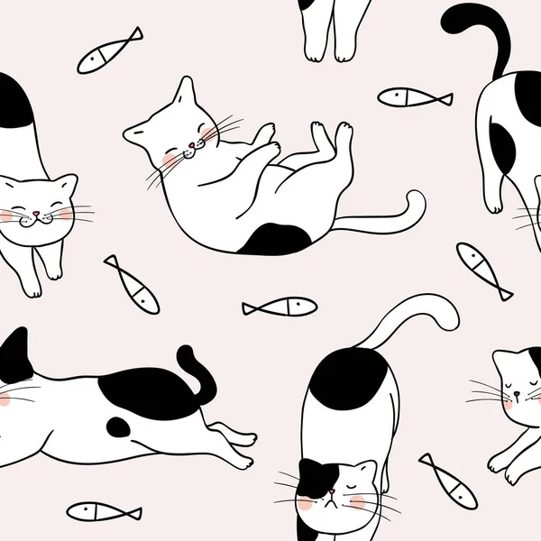 Seamless Pattern Drawn Cute Cats Fish Doodle Cartoon Style Beige — Stock Vector