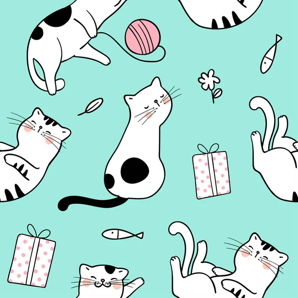 Rysowane Cute Kotów Ryb Pudełka Prezent Doodle Cartoon Style Zielonym — Wektor stockowy