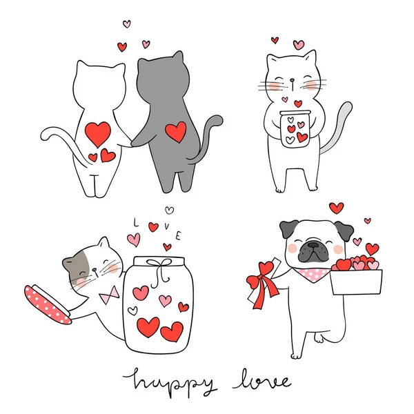 Menggambar Kucing Dan Anjing Lucu Dengan Hadiah Untuk Hari Valentine - Stok Vektor