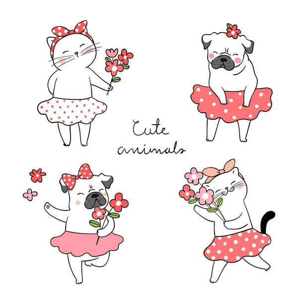Gezeichnete Niedliche Katzen Und Hunde Mit Blumen Doodle Cartoon Stil — Stockvektor