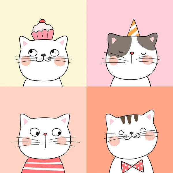 Gatos Lindos Dibujados Con Cupcake Gorra Cumpleaños Estilo Dibujos Animados — Archivo Imágenes Vectoriales