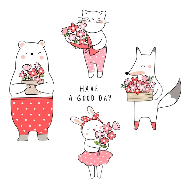 Desenhado Bonito Gato Urso Com Coelho Raposa Segurando Buquês Flores — Vetor de Stock