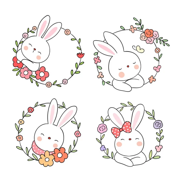 Cute Rabbits Beauty Floral Wreaths Spring Season Doodle Cartoon Style — Stock Vector