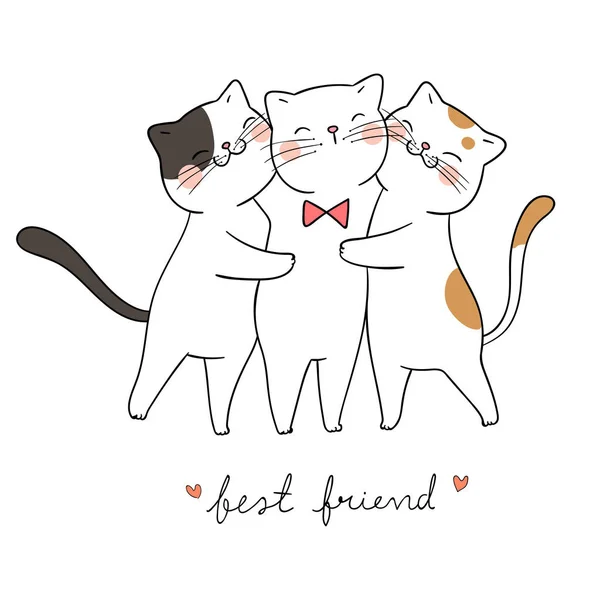 Drawn Cute Cats Hugging Love Text Best Friend Doodle Cartoon — Stock Vector