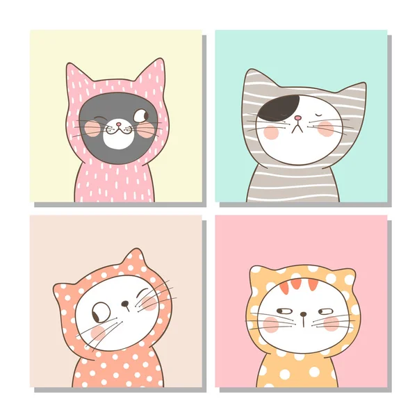 Zestaw Narysowanych Uroczych Kotów Różnymi Emocjami Doodle Cartoon Style Tle — Wektor stockowy