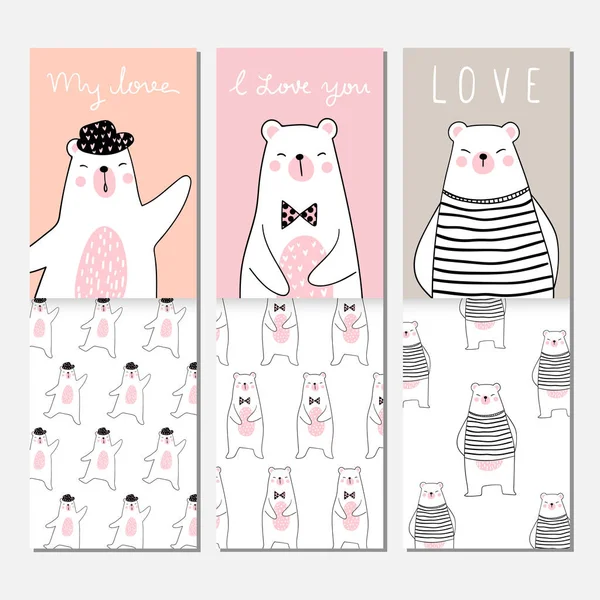 Conjunto Cartões Saudação Com Ursos Bonitos Desenhados Estilo Desenho Animado — Vetor de Stock