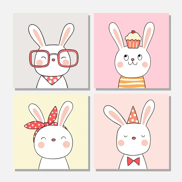 Set Drawn Cute Rabbits Wearing Glasses Bow Cap Doodle Cartoon — Stock Vector