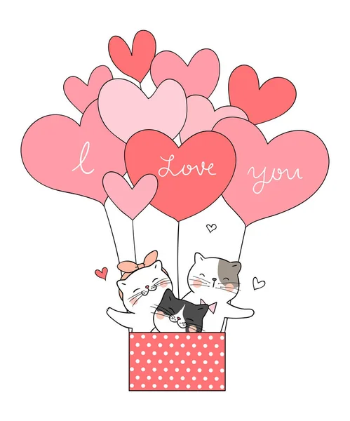 Drawn Cute Cats Flying Air Balloon Hearts Shaped Doodle Cartoon — Stock Vector
