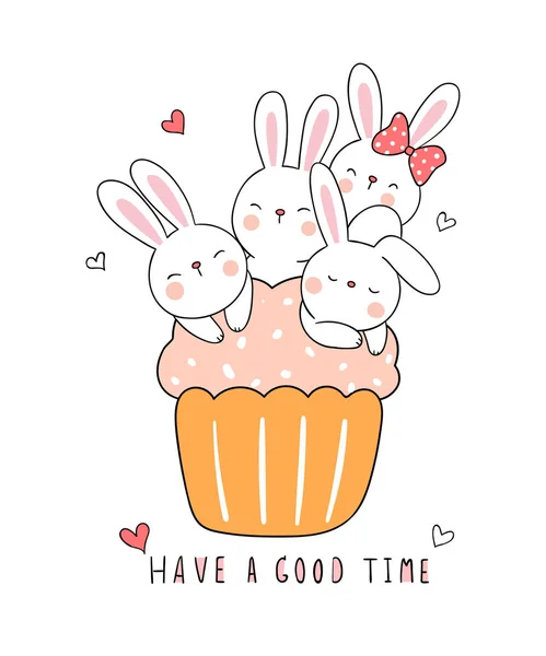 Lapins Dormir Sur Cupcake Dans Style Dessin Animé Doodle Avec — Image vectorielle