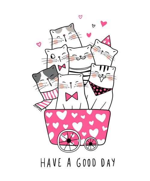 kalpleri ve metin ile sepeti sevimli kediler beyaz arka plan, sevgililer günü kavramı izole doodle karikatür tarzı iyi bir gün var 