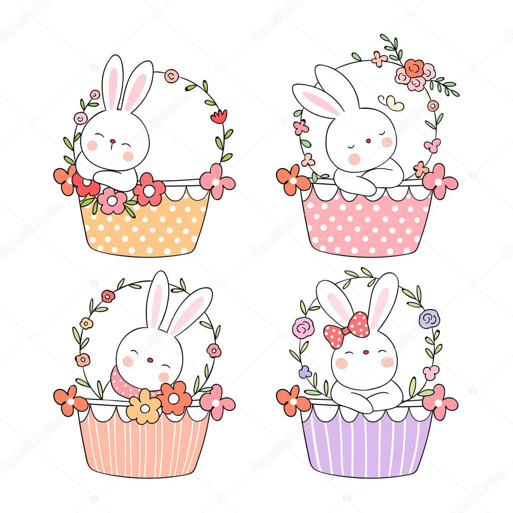 floral baskets with cute rabbits in doodle cartoon style, vector, illustration 