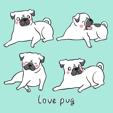 yeşil pastel beyaz pug köpekler. Vektör çizimi