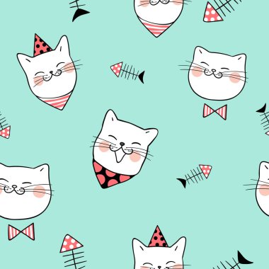 Yeşil pastel kedi başları ile Dikişsiz desen. Vektör çizimi