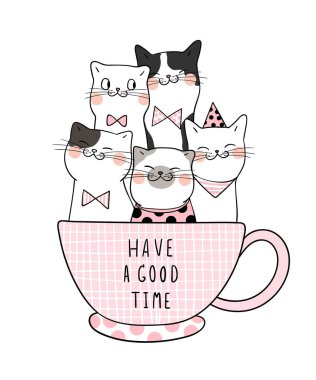 Bir fincan kahve ve harflerle kediler iyi vakit ler. Vektör çizimi