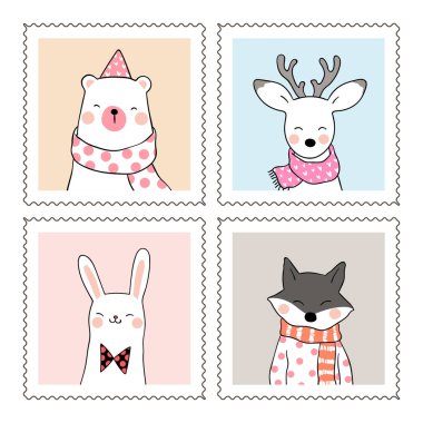 Tatlı çerçeveler içinde çizilmiş hayvanlar beyaz izole. Vektör çizimi