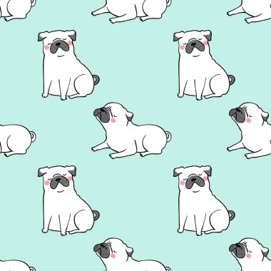 Yeşil pastel pug köpekler ile Dikişsiz desen. Vektör çizimi