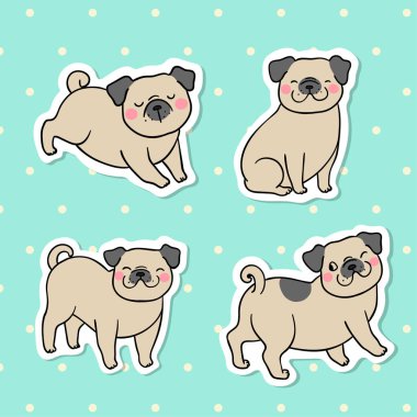 yeşil pug köpekler ile çıkartmalar koleksiyonu. Vektör çizimi