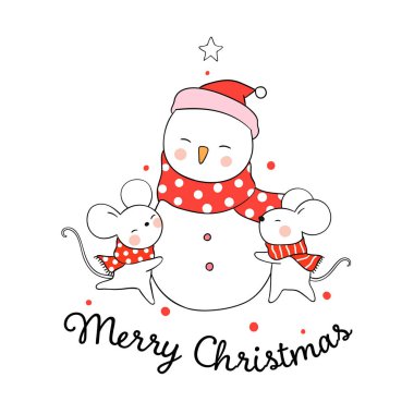 Çizilmiş fareler Noel günü ve yeni yıl için huggnig kardan adam. Vektör çizimi